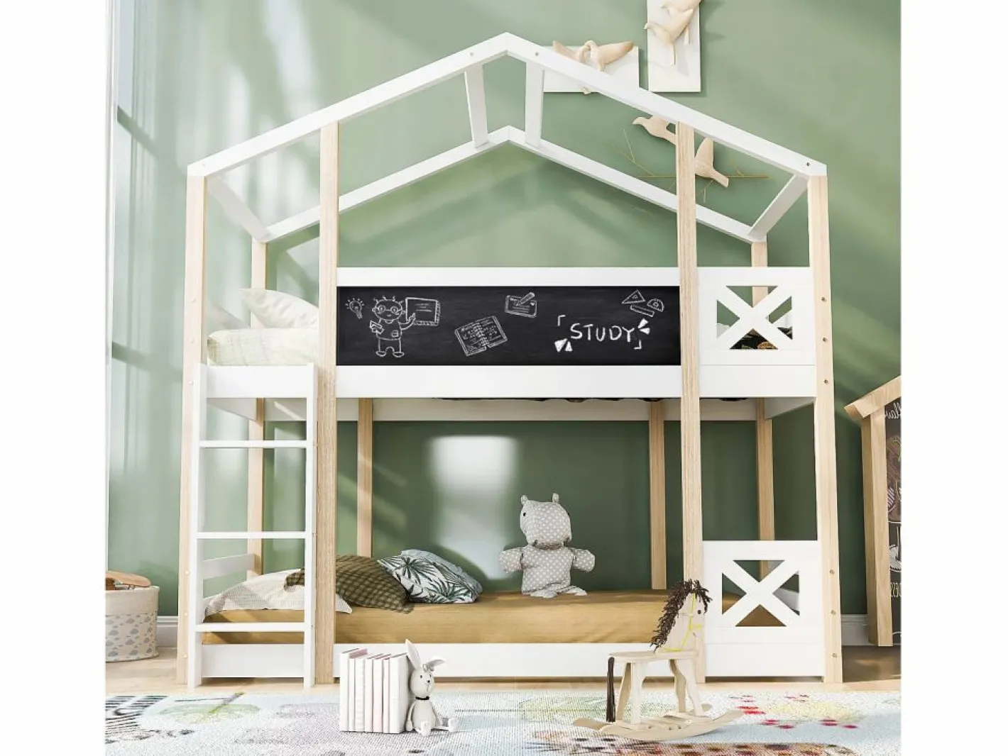ModernLuxe Cama Litera|Litera tipo cabina de pino macizo con barreras anticaída + escalera + pizarra - 90x200 cm - natural y -