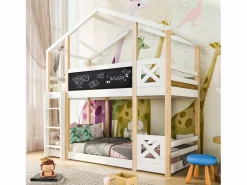 ModernLuxe Cama Litera|Litera tipo cabina de pino macizo con barreras anticaída + escalera + pizarra - 90x200 cm - natural y -