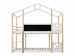 ModernLuxe Cama Litera|Litera tipo cabina de pino macizo con barreras anticaída + escalera + pizarra - 90x200 cm - natural y -