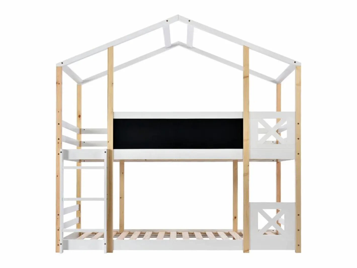 ModernLuxe Cama Litera|Litera tipo cabina de pino macizo con barreras anticaída + escalera + pizarra - 90x200 cm - natural y -