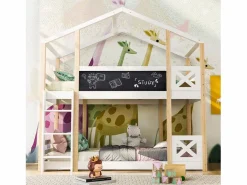 ModernLuxe Cama Litera|Litera tipo cabina de pino macizo con barreras anticaída + escalera + pizarra - 90x200 cm - natural y -
