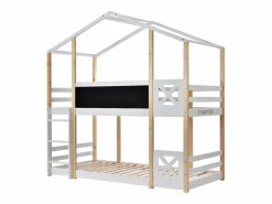 ModernLuxe Cama Litera|Litera tipo cabina de pino macizo con barreras anticaída + escalera + pizarra - 90x200 cm - natural y -