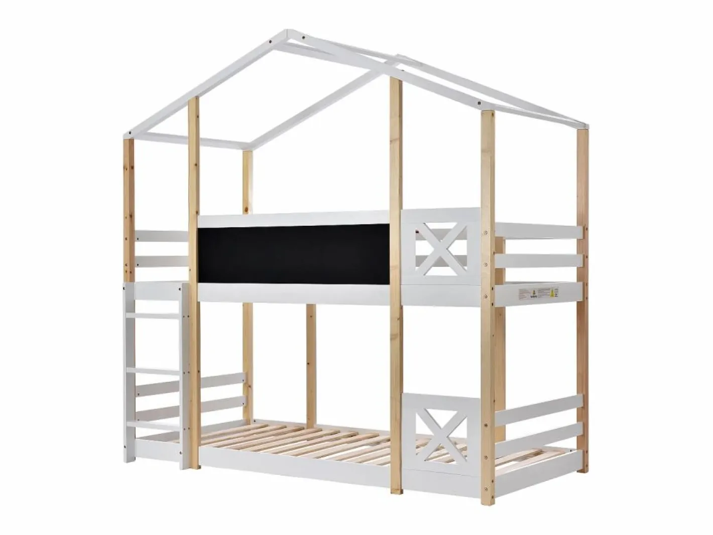 ModernLuxe Cama Litera|Litera tipo cabina de pino macizo con barreras anticaída + escalera + pizarra - 90x200 cm - natural y -