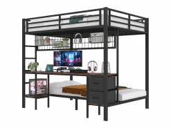 ModernLuxe Litera 140x200 cm - con cajón - con escritorio - con iluminación LED + USB - (sin colchón) Negro Clearance