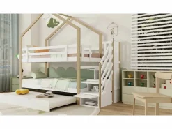 ModernLuxe Litera 90x200cm + cama nido 90x190cm - cama nido infantil con escalera de almacenaje - madera maciza - Blanco Discount
