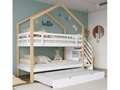 ModernLuxe Litera 90x200cm + cama nido 90x190cm - cama nido infantil con escalera de almacenaje - madera maciza - Blanco Discount