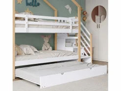 ModernLuxe Litera 90x200cm + cama nido 90x190cm - cama nido infantil con escalera de almacenaje - madera maciza - Blanco Discount