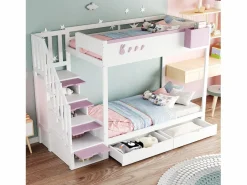 Cama Litera|Litera 90x200cm cama infantil moderna con gran almacenaje madera habitación infantil y rosa (Sin colchón)