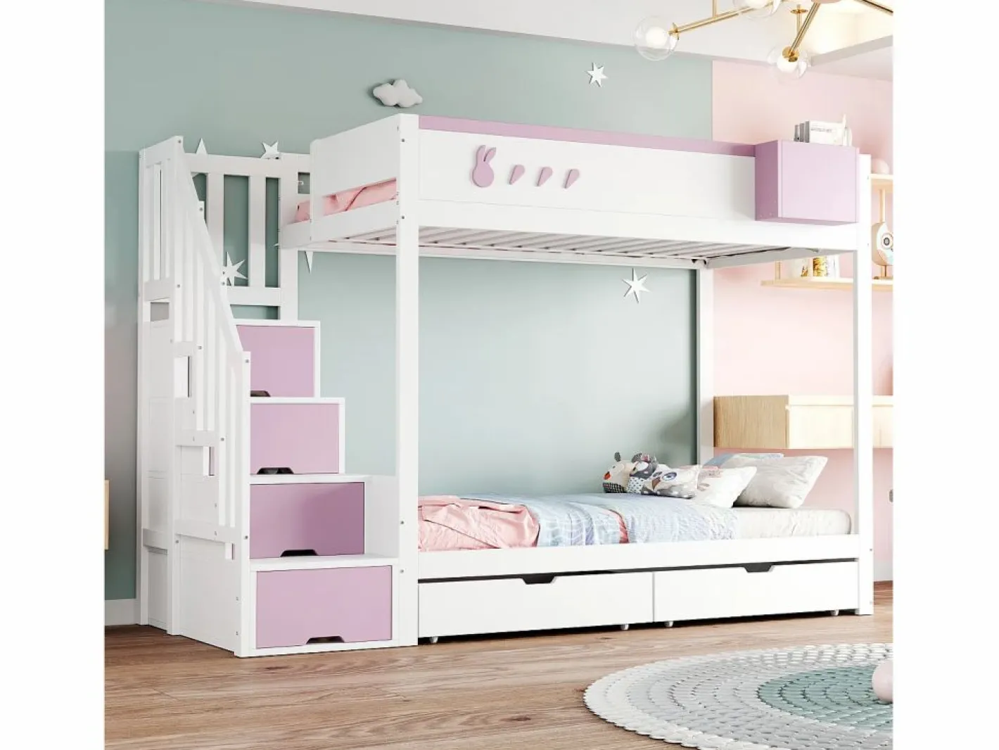 Cama Litera|Litera 90x200cm cama infantil moderna con gran almacenaje madera habitación infantil y rosa (Sin colchón)