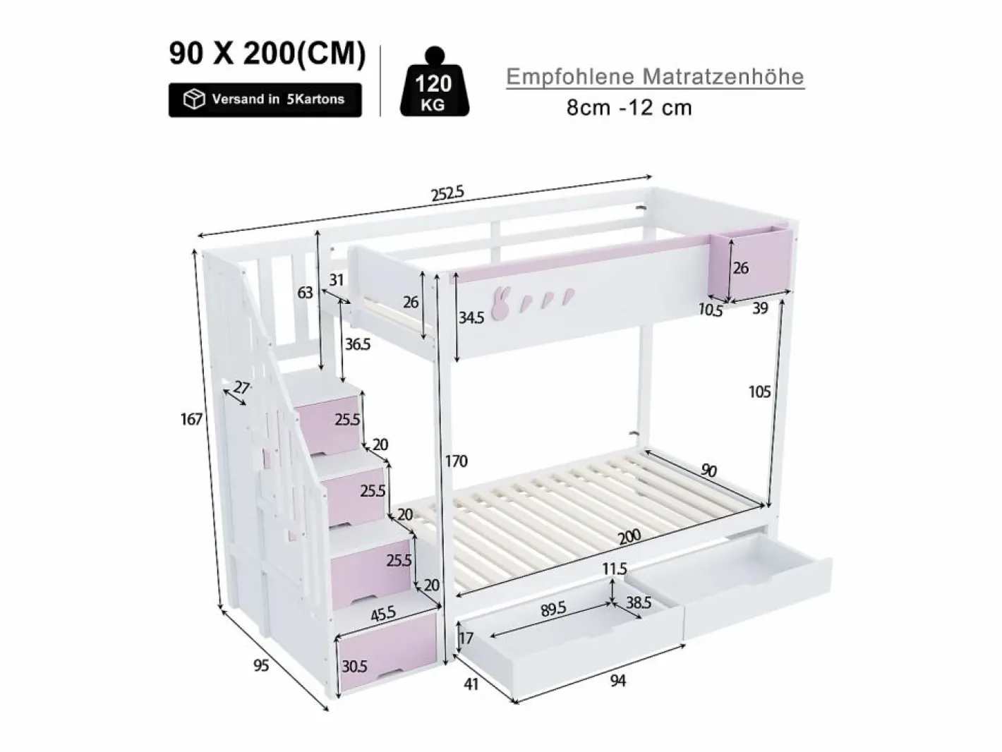 Cama Litera|Litera 90x200cm cama infantil moderna con gran almacenaje madera habitación infantil y rosa (Sin colchón)