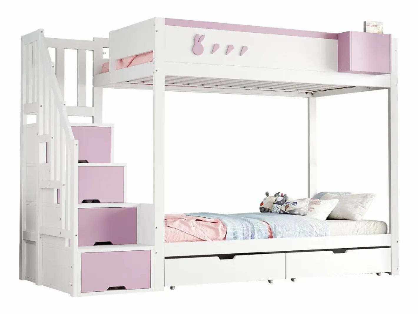 Cama Litera|Litera 90x200cm cama infantil moderna con gran almacenaje madera habitación infantil y rosa (Sin colchón)