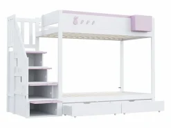 Cama Litera|Litera 90x200cm cama infantil moderna con gran almacenaje madera habitación infantil y rosa (Sin colchón)