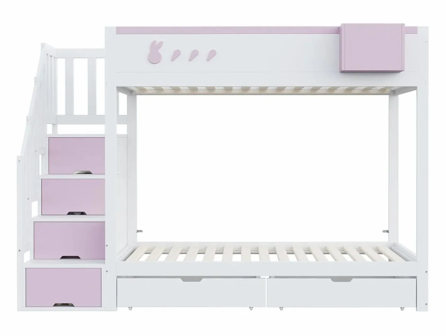 Cama Litera|Litera 90x200cm cama infantil moderna con gran almacenaje madera habitación infantil y rosa (Sin colchón)