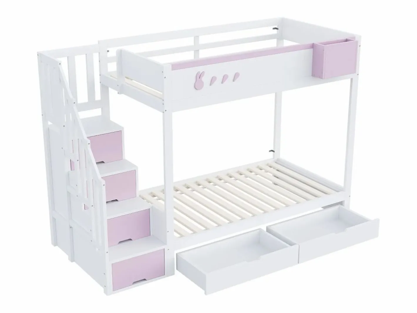 Cama Litera|Litera 90x200cm cama infantil moderna con gran almacenaje madera habitación infantil y rosa (Sin colchón)