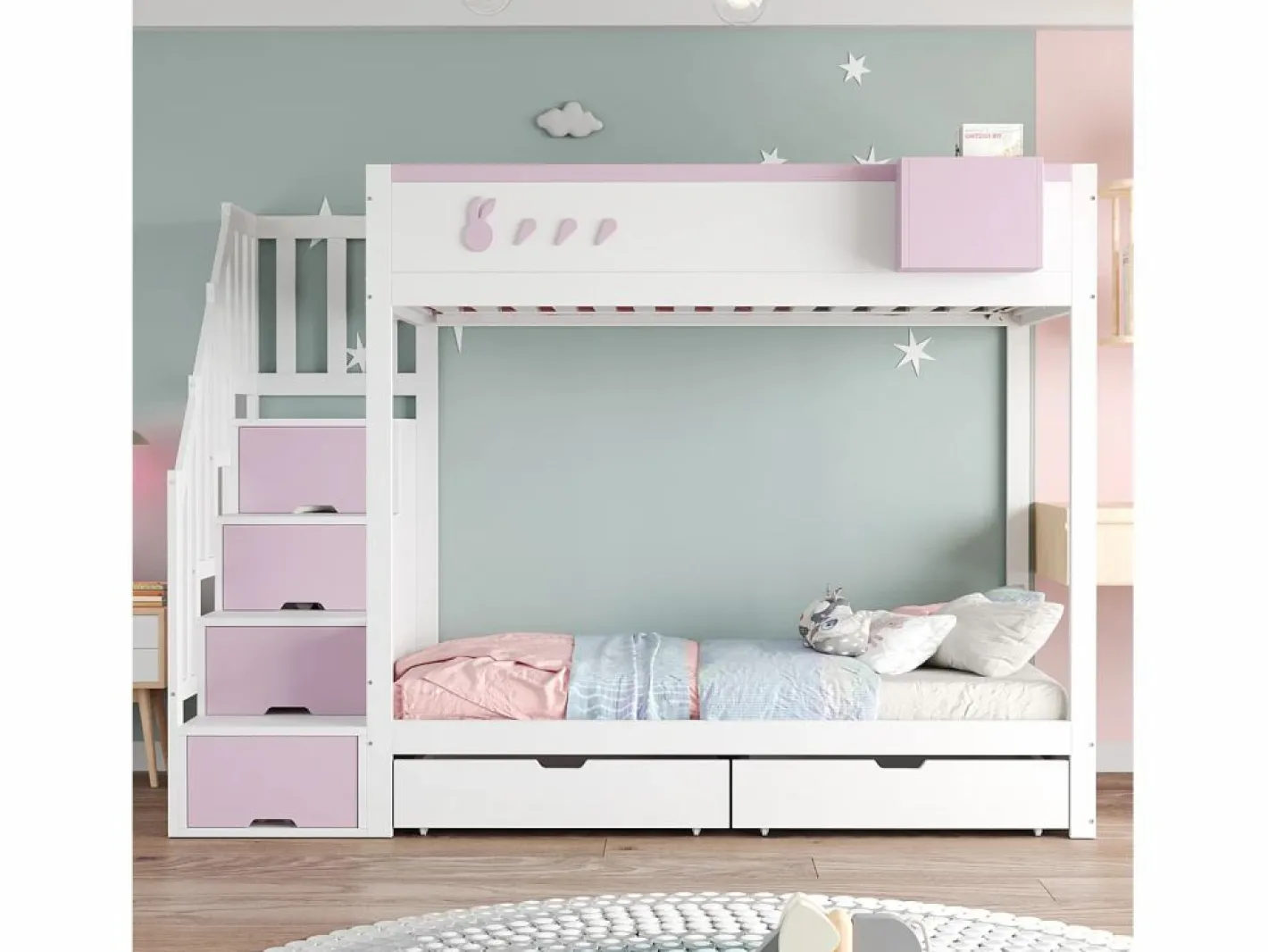 Cama Litera|Litera 90x200cm cama infantil moderna con gran almacenaje madera habitación infantil y rosa (Sin colchón)