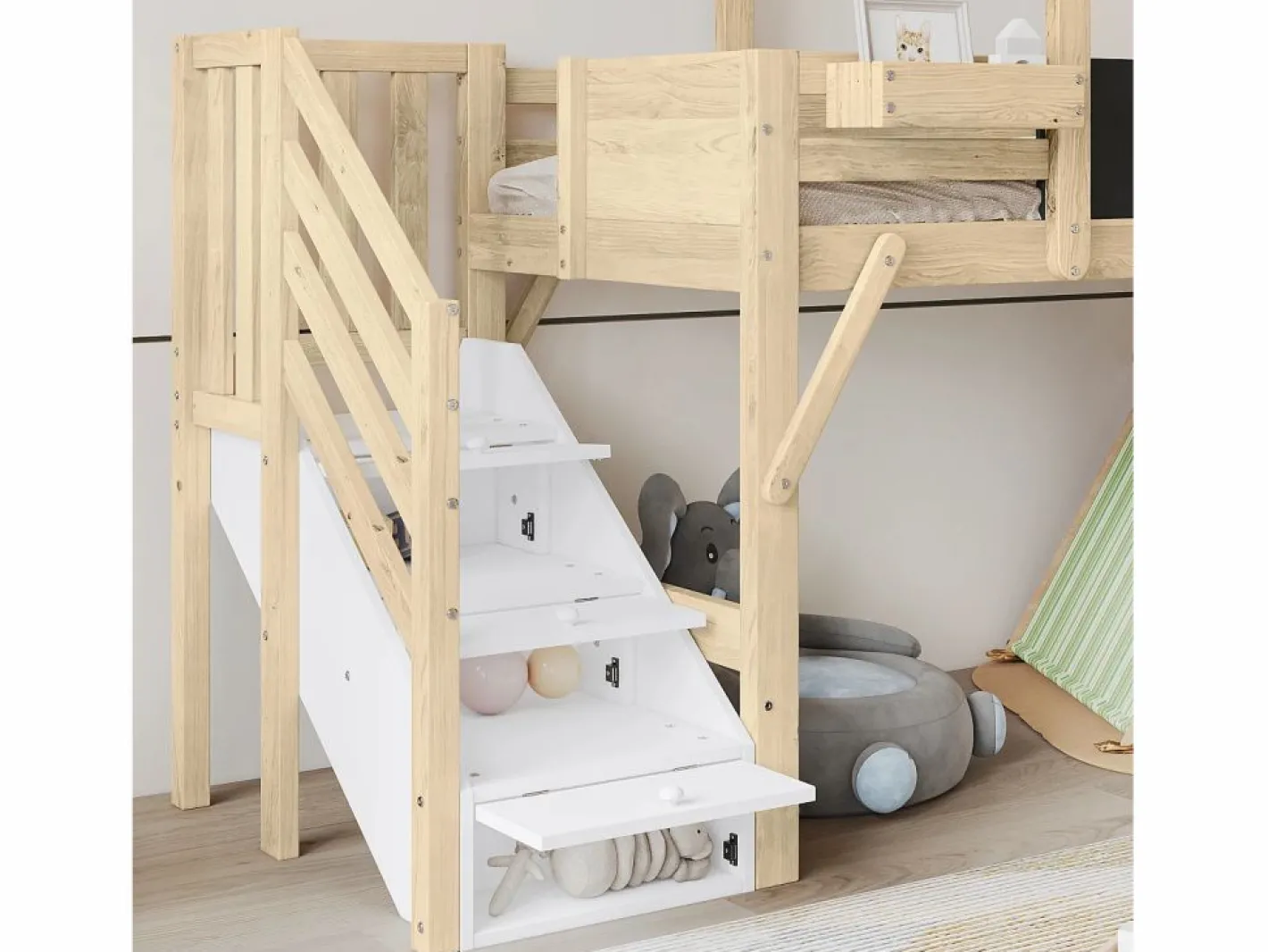 Cama Montessori|Litera 90x200cm tablero para pintar estilo casita escalera con almacenaje madera blanco y natural para habitación infantil (Sin colchón)