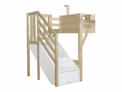 Cama Montessori|Litera 90x200cm tablero para pintar estilo casita escalera con almacenaje madera blanco y natural para habitación infantil (Sin colchón)