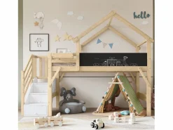 Cama Montessori|Litera 90x200cm tablero para pintar estilo casita escalera con almacenaje madera blanco y natural para habitación infantil (Sin colchón)