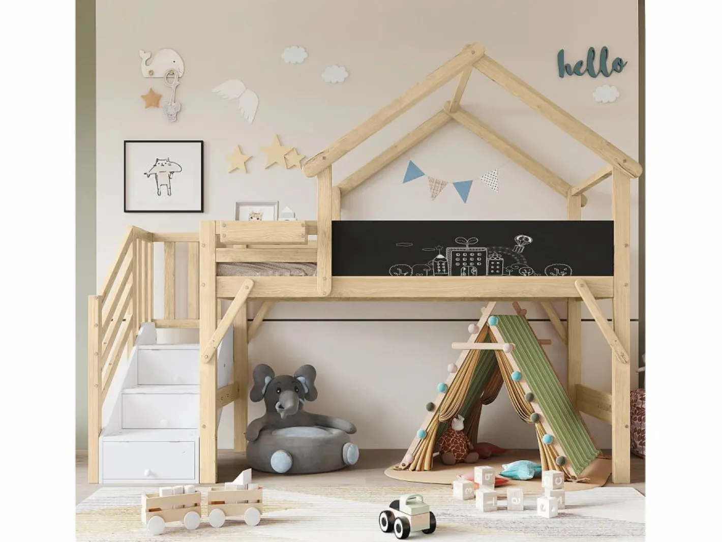 Cama Montessori|Litera 90x200cm tablero para pintar estilo casita escalera con almacenaje madera blanco y natural para habitación infantil (Sin colchón)