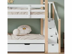 Merax Literas 2 x 90 x 200 cm con cama nido 90 x 190 cm, con 4 cajones y escalera, madera maciza + MDF, color blanco Color natural claro Sale