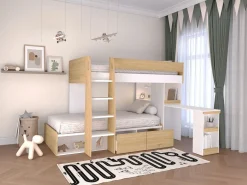 Vente-unique Literas 2 x 90 x 190 cm escritorio y almacenamiento natural y blanco + colchones - LOMIDEN Color natural claro / Blanco Sale