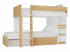 Vente-unique Literas 2 x 90 x 190 cm escritorio y almacenamiento natural y blanco + colchones - LOMIDEN Color natural claro / Blanco Sale