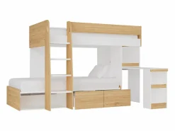 Vente-unique Literas 2 x 90 x 190 cm escritorio y almacenamiento natural y blanco + colchones - LOMIDEN Color natural claro / Blanco Sale