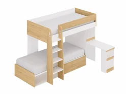Vente-unique Literas 2 x 90 x 190 cm escritorio y almacenamiento natural y blanco + colchones - LOMIDEN Color natural claro / Blanco Sale