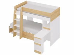 Vente-unique Literas 2 x 90 x 190 cm escritorio y almacenamiento natural y blanco + colchones - LOMIDEN Color natural claro / Blanco Sale