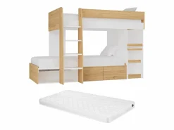 Vente-unique Literas 2 x 90 x 190 cm escritorio y almacenamiento natural y blanco + colchones - LOMIDEN Color natural claro / Blanco Sale