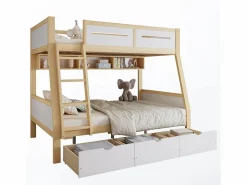 ModernLuxe literas de madera 90×200 cm + 120×200 cm - con escalera y 3 cajones - blanco + natural (sin colchón) Color natural claro / Blanco Online