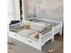 Merax Literas infantiles - 2 x 90 x 200 cm - con barandilla de seguridad + estantes + 2 cajones - MDF - Blanco Outlet