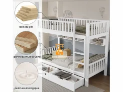 Merax Literas infantiles - 2 x 90 x 200 cm - con barandilla de seguridad + estantes + 2 cajones - MDF - Blanco Outlet