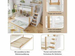 Literas 120x200 cm + 90x200 cm con cama nido 90x190 cm + 4 cajones - Madera + MDF - + natural^Merax Discount