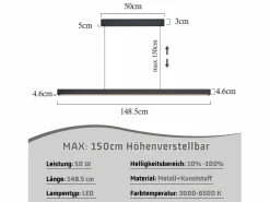 NETTLIFE Lámpara Suspendida|Lámpara colgante LED para comedor, regulable, negra, moderna, 50 W, 148,5 cm