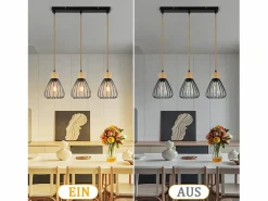 NETTLIFE Lámpara colgante , estilo vintage industrial retro para salón, de madera y cuerda de cáñamo, en metal , 3 llamas, E27 Negro Online