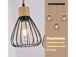 NETTLIFE Lámpara colgante , estilo vintage industrial retro para salón, de madera y cuerda de cáñamo, en metal , 3 llamas, E27 Negro Online