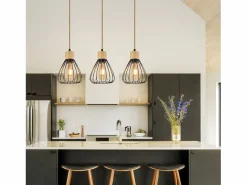 NETTLIFE Lámpara colgante , estilo vintage industrial retro para salón, de madera y cuerda de cáñamo, en metal , 3 llamas, E27 Negro Online