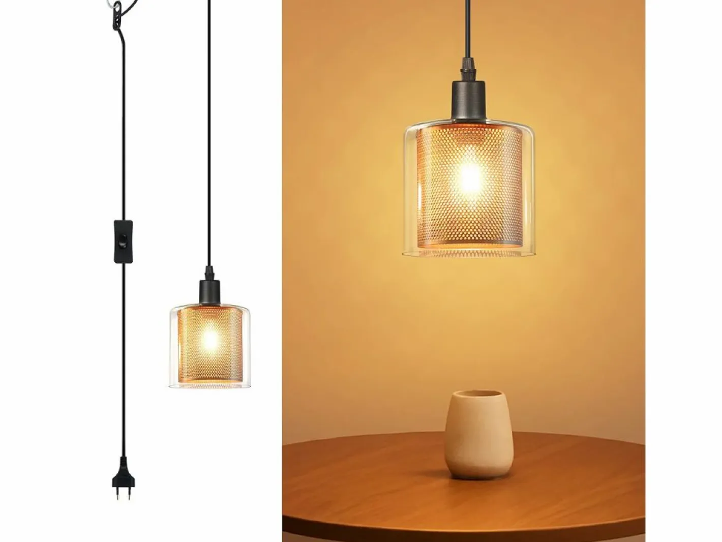 NETTLIFE Lámpara colgante vintage de 1 bombilla: colgante de cristal dorado con enchufe e interruptor, bombilla E14, cable metálico retro de 4,5 m Negro Online