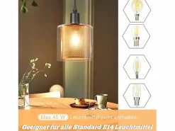 NETTLIFE Lámpara Suspendida|Lámpara colgante vintage de una llama: Lámpara colgante de cristal con enchufe e interruptor E14.