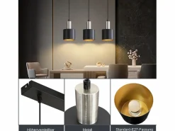 NETTLIFE Lámpara Suspendida|Lámpara colgante vintage para mesa de comedor, E27, 3 bombillas, para cocina, color y dorado