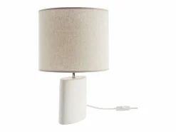 Miliboo Lámpara de mesa de cerámica blanca mate con pantalla de lino natural TIGA Blanco
