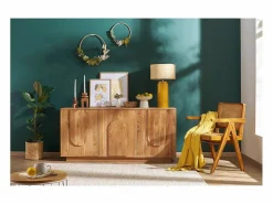 Lámpara de mesa de cerámica esmaltada amarilla con pantalla de rafia BERRO^Miliboo Online