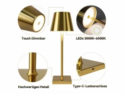 NETTLIFE Lámpara De Mesa|Lámpara de mesa LED Vintage dorada, inalámbrica, táctil, regulable, para mesita de noche, 3 temperaturas de color