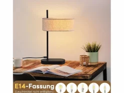 NETTLIFE Lámpara De Mesa|Lámpara de noche vintage para dormitorio de 44,5 cm, pantalla de tela de lino negra E14 con interruptor, sin bombilla