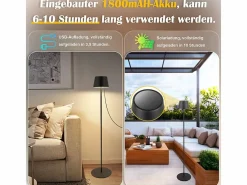 NETTLIFE Lámpara De Pie|Lámpara de pie LED para salón de 120 cm: Lámpara de pie solar para exterior táctil regulable 3000K-6500K con batería recargable USB-C altura ajustable