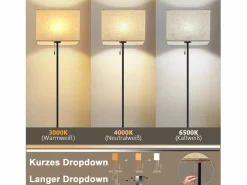 NETTLIFE Lámpara De Pie|Lámpara de pie LED regulable con pantalla de tela retro para sala de estar, con interruptor de tiro