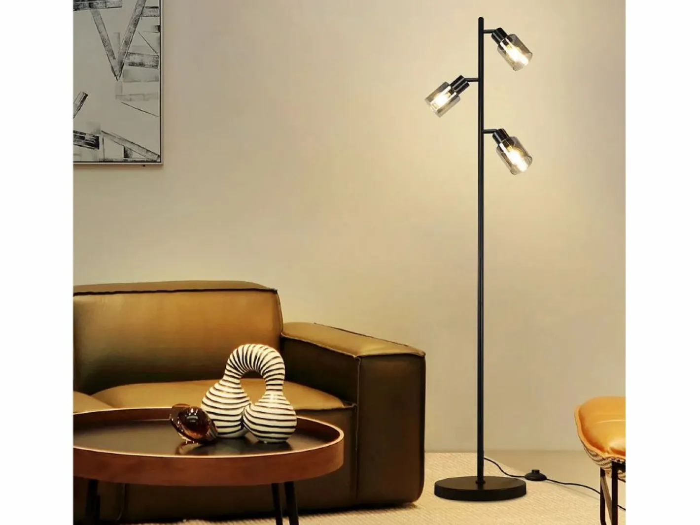 NETTLIFE Lámpara De Pie|Lámpara de pie vintage para sala de estar 3 llamas de vidrio casquillo E14 lámpara de mesa ajustable de metal 350