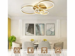 NETTLIFE Lámpara de techo LED para sala de estar, color negro, regulable, para dormitorio, 61 cm, diseño moderno, con control remoto, 50 W. Dorado