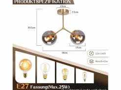 NETTLIFE Lámpara de techo para pasillo : Lámpara de techo vintage E27 con bola de cristal y 2 luces. Dorado